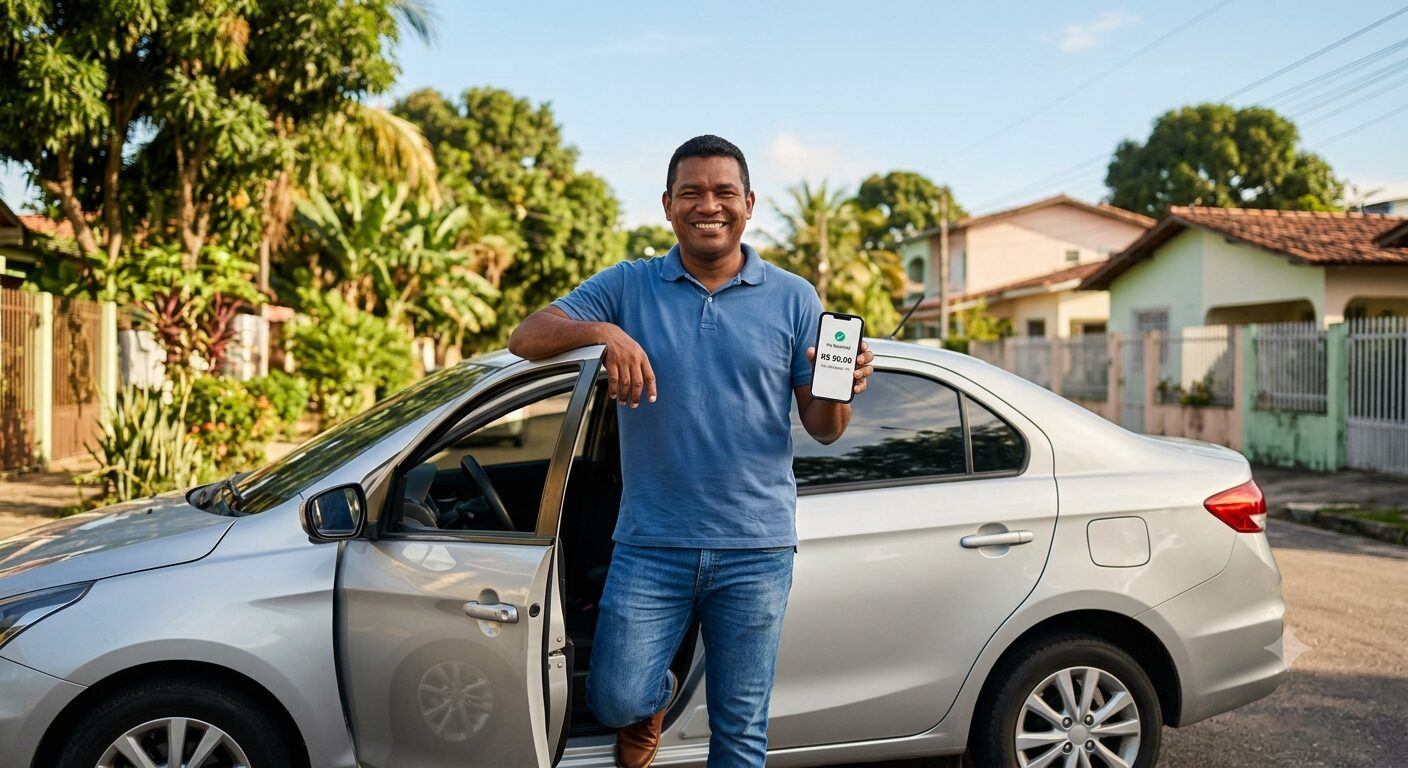 Retrato de Marcos A., motorista parceiro do Pangeia Go, ao lado do próprio carro.