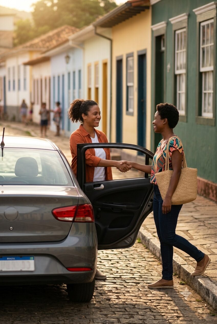 Motorista e passageira se cumprimentando ao lado do carro, em uma rua histórica do interior de Minas Gerais.