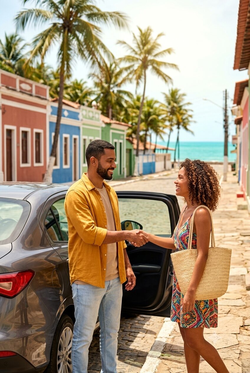 Motorista e passageira se cumprimentando ao lado do carro, em uma rua litorânea do Nordeste com coqueiros e o mar ao fundo.