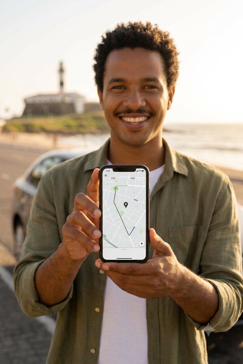 Passageiro segurando o celular com o mapa de acompanhamento da corrida em tempo real, com o Farol da Barra em Salvador ao fundo.