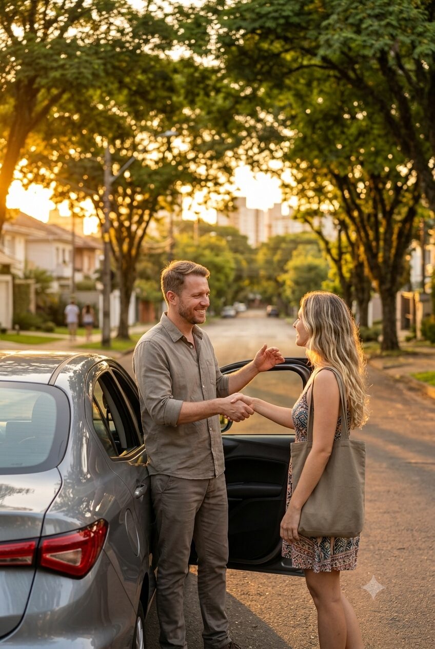 Motorista e passageira se cumprimentando ao lado do carro, em uma rua residencial arborizada de Porto Alegre.