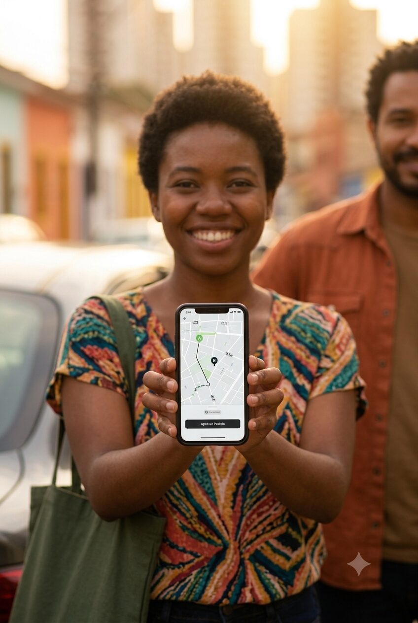 Passageira mostrando no celular o mapa e o pedido de corrida no aplicativo, em uma rua de São Paulo.
